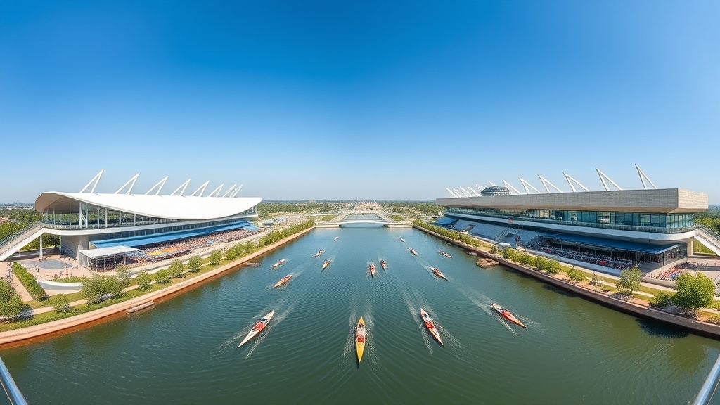 카누 경기가 진행되는 수로와 경기장 시설의 전반적인 구조를 보여주는 전경 이미지