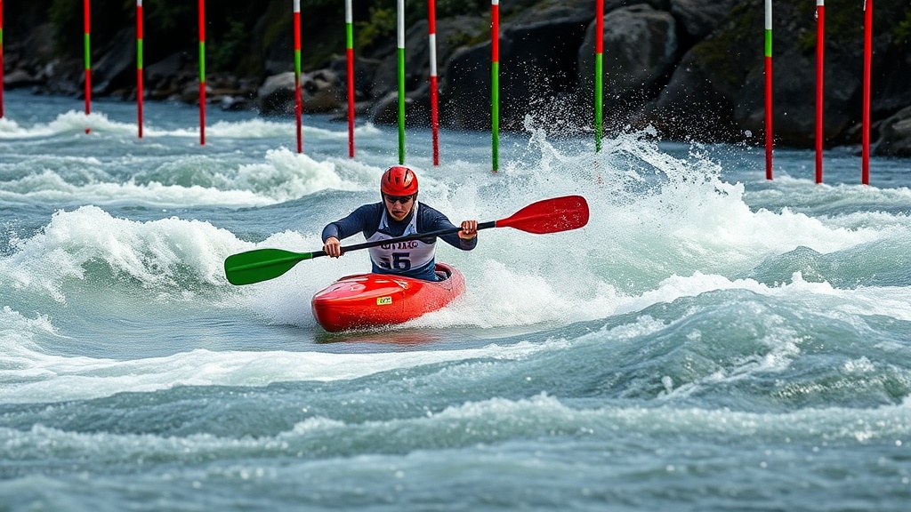 슬라롬 카누 경기에서 사용되는 초록색과 빨간색 게이트 폴이 급류 위에 매달려 있는 구조를 보여주는 이미지